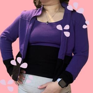 Purple and black knit set with a cami and a zip up sweater